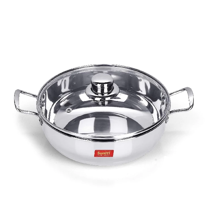 Sumeet Stainless Steel kadhai with Glass lid 1.5 litres Capacity 20.5 x 20.5 x 6.6 Centimeters 2 Piece, 1.5 l-1.webp